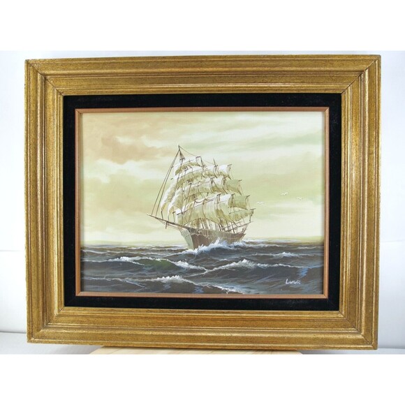 Sailing Ship Oil Painting 22x18 Lendi Signed on Canvas Framed Original - Picture 1 of 15